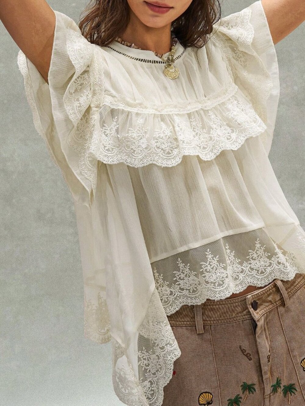 Apricot Boho Women's Embroidered Ruffled Lace Patchwork Blouse - Picture 6 of 9